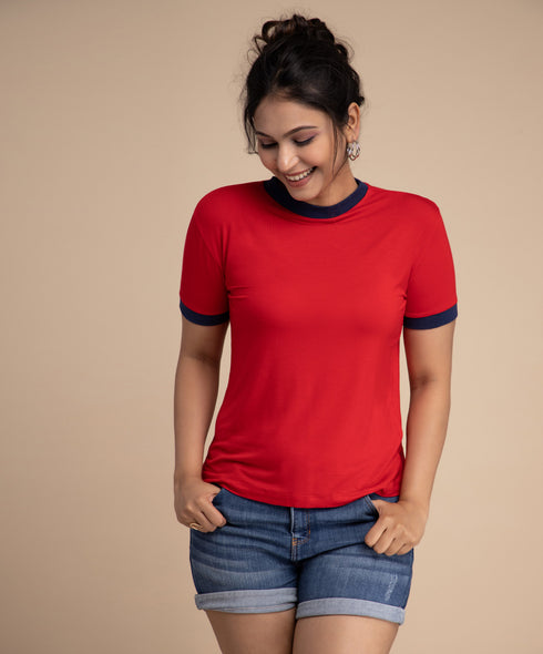 Sleeve Binding Red N Navy Tshirt